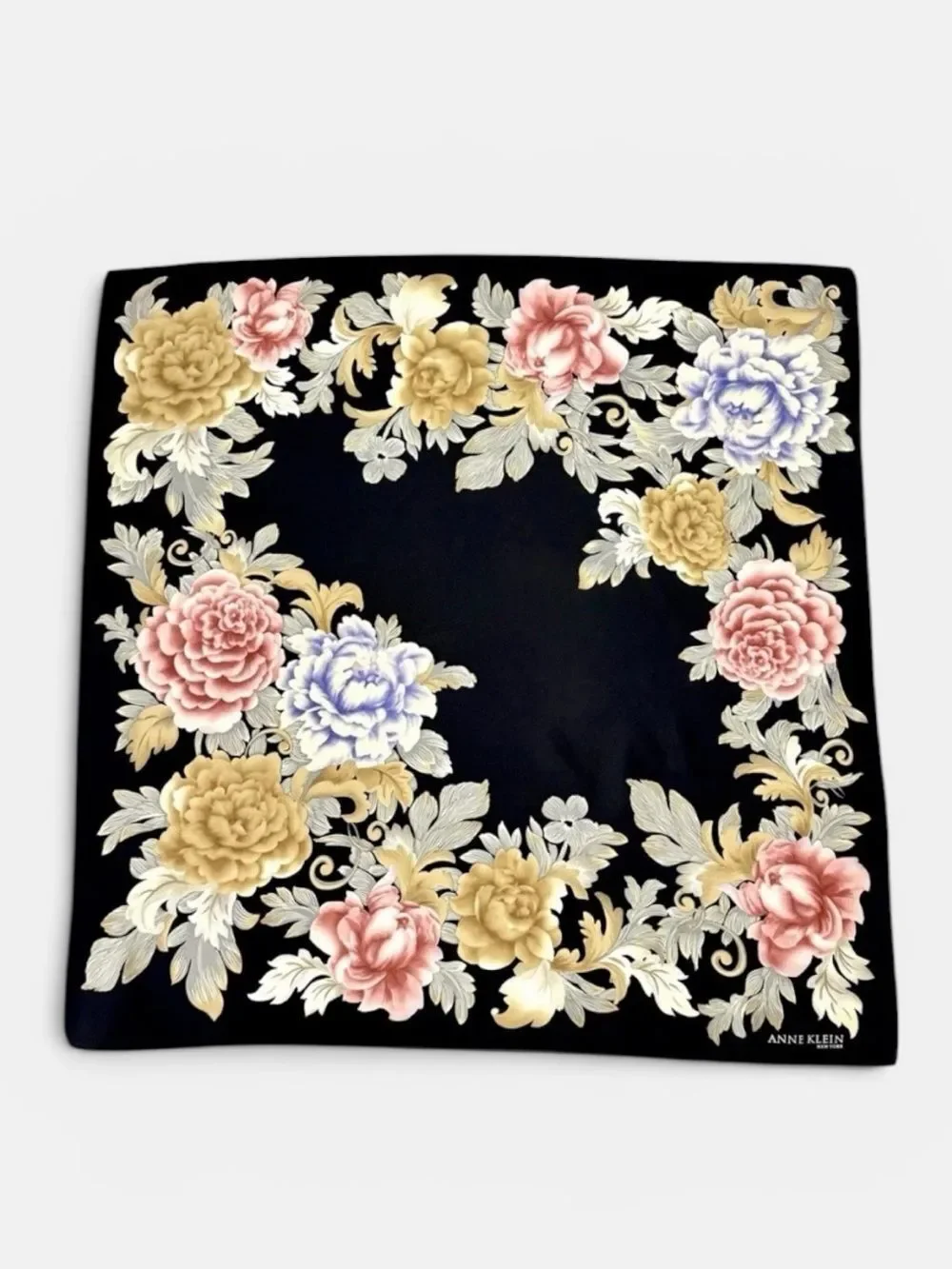 Anne Klein Silk Square Scarf Black with Floral Chrysanthemums Print Korea